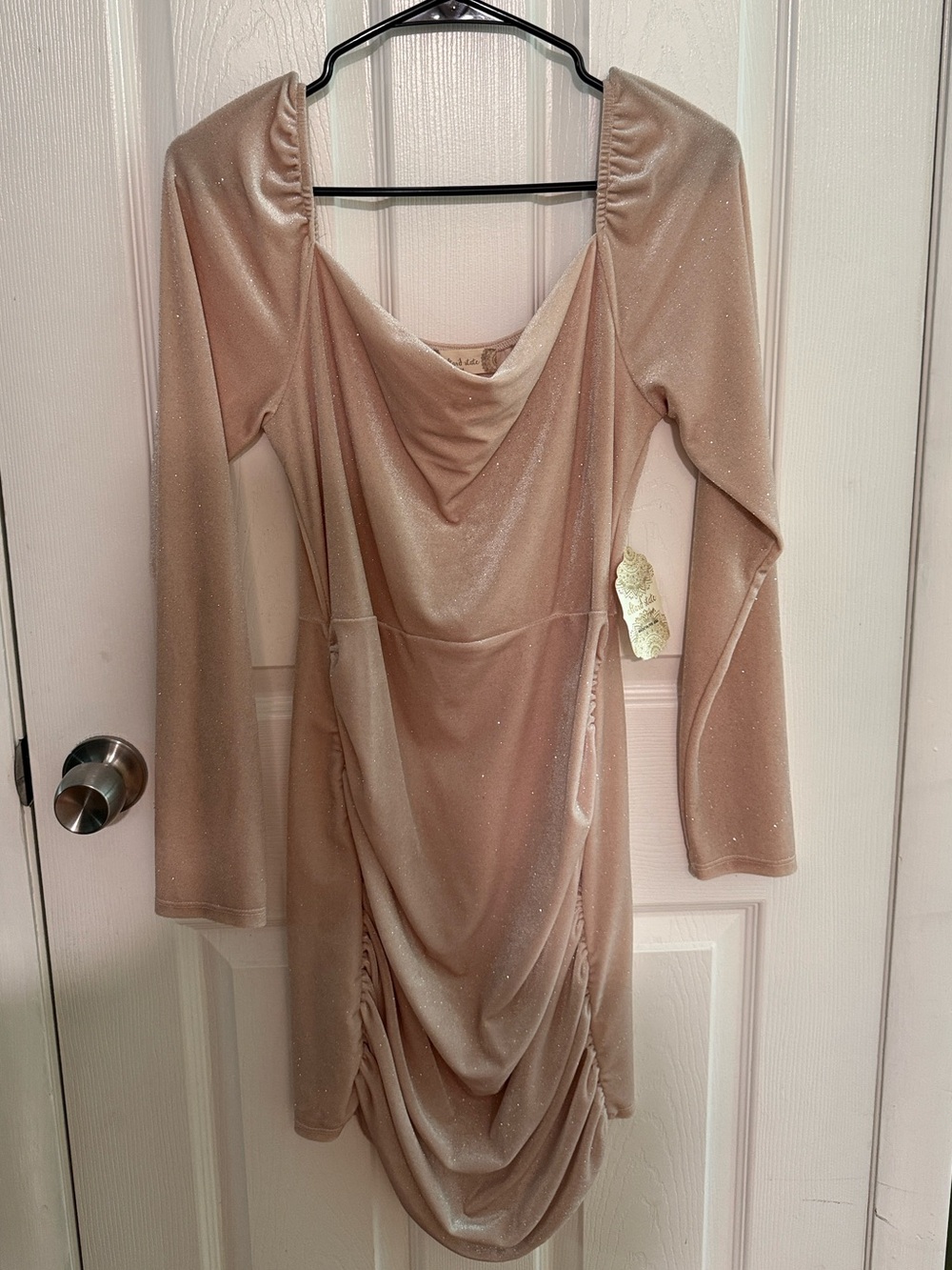 Altar'd State Nude Sparkle Draped Long-Sleeve Mini Dress